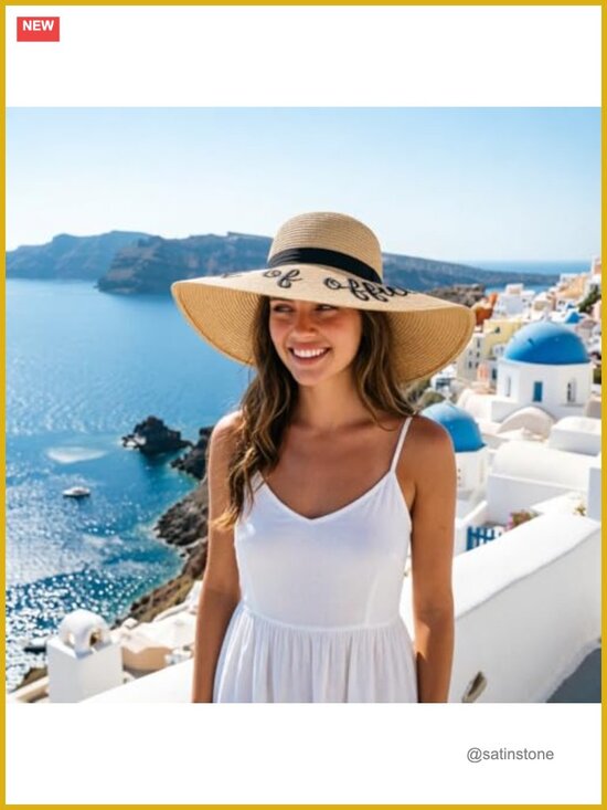 Wide Brim Straw Sun Hat Foldable UPF 50+ Roll up Beach Cap Embroidery